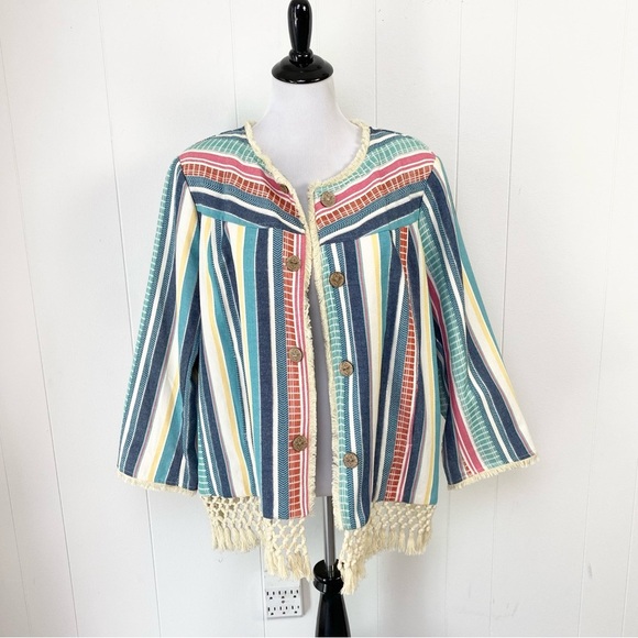 Multiples Size 1X Blazer Jacket Crochet Fringe Striped Open Front Boho Colorful - Picture 1 of 16